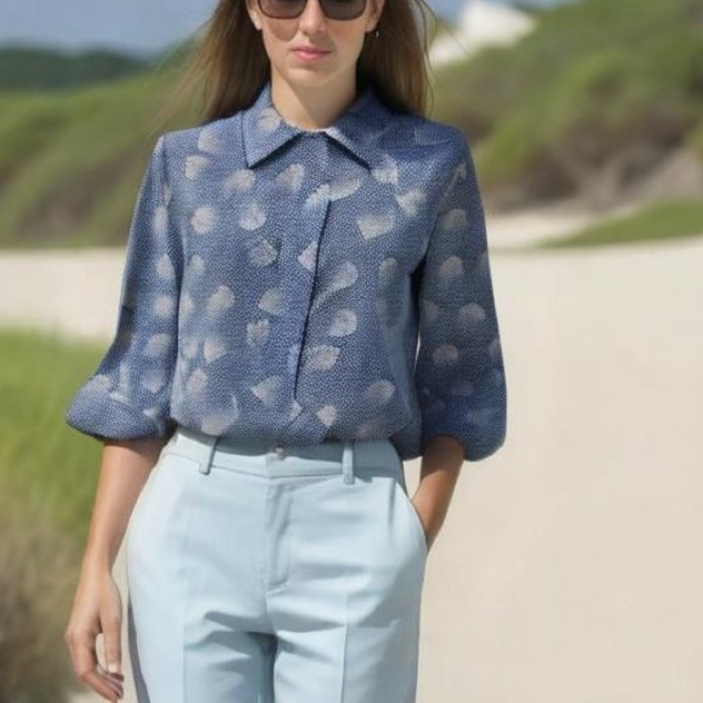 80s GLORIA SACHS SILK BLUE BEACH SEASHELL PRINT BLOUSE COASTAL LUXURY SZ 12